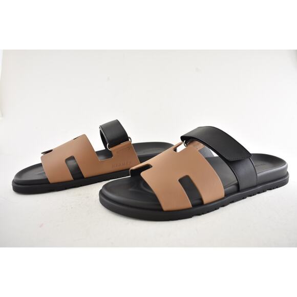 Hermes Chypre Sandal Mens Black Naturel Safari Leather H Logo Slide Flat 45 12 - Picture 11 of 13